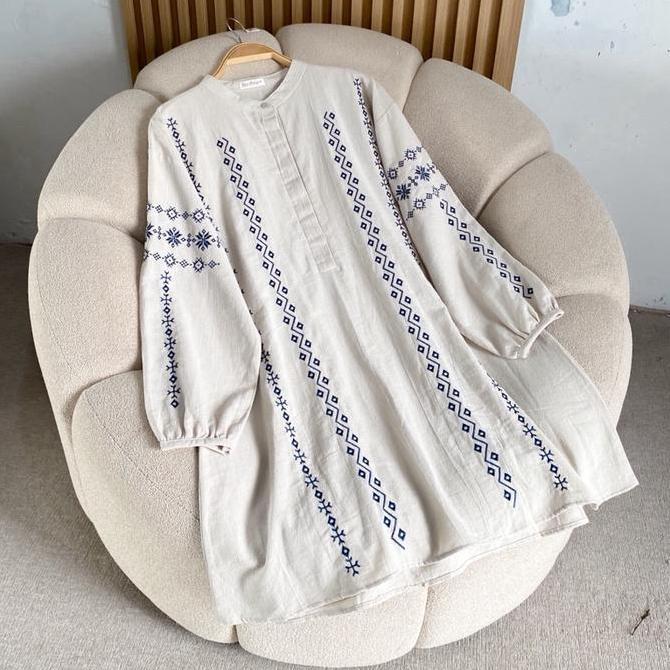 Laura Tunik Tunic atasan raya lebaran Idul fitri Ethnic Cantik Linen Muslim Panjang Wanita Katun Bas