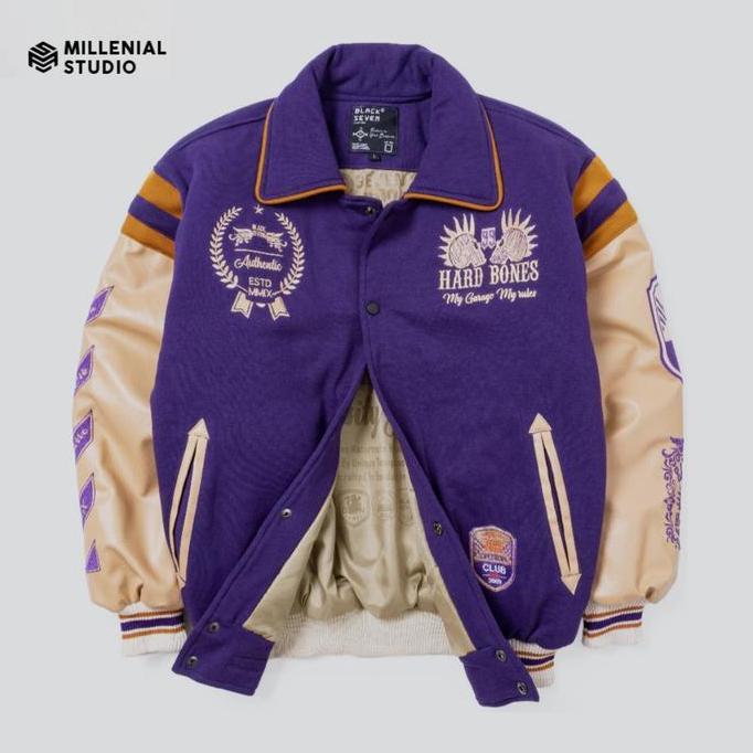 Promo VARSITY JACKET SAN DIEGO HARD BONES PURPLE CREAM | JAKET BASEBALL KERAH BORDIR ORIGINAL UNISEX
