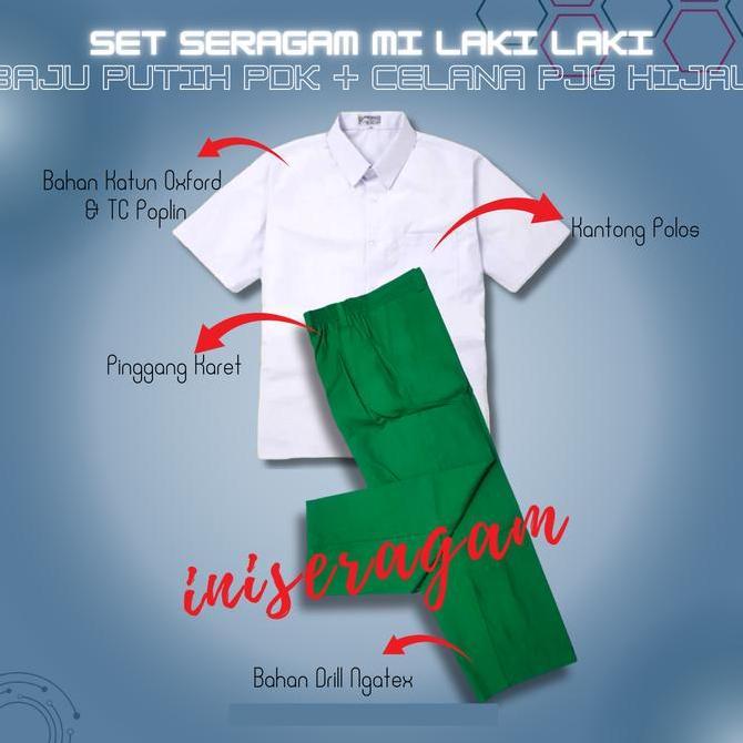 Promo Setelan Seragam Sekolah Putih Hijau MI TK Baju Putih Polos Lengan Panjang Tangan Pendek Celana