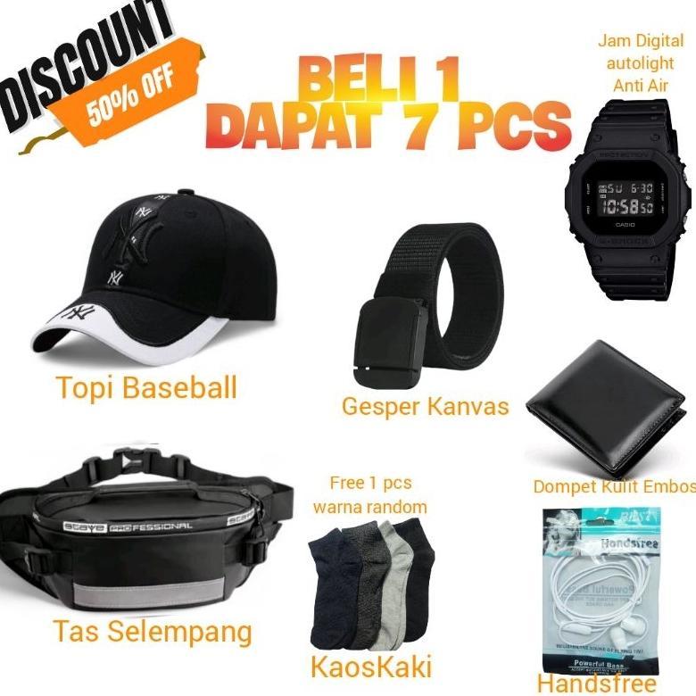PAKET 7 IN 1 Tas Selempang Pria Waistbag Waterproof Bonus Topi baseball Jam Digital Ikat Pinggang Do