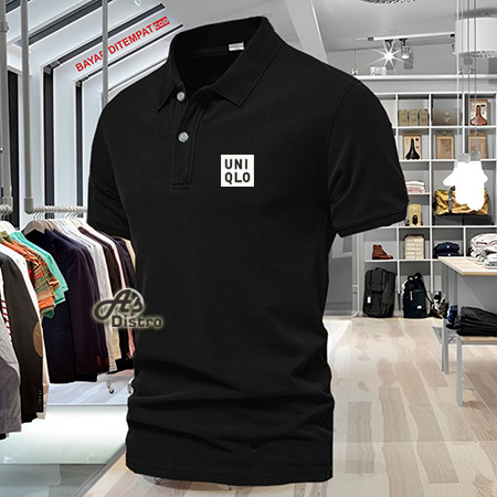 Baju Distro Style Polo Kerah Uniqlo Text Putih Kaos Polo T Shirt Denim Premium Quality Atasan Pria W