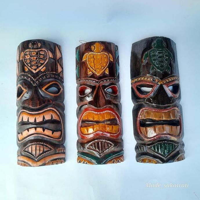 populer] Hiasan dinding Kerajinan kayu topeng TIKI 30cm Suku Aborigin kerajinan ukiran dekorasi kayu