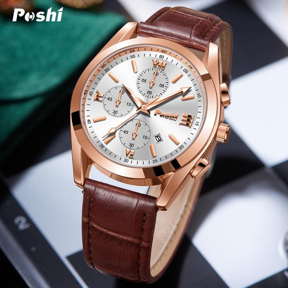 Jam Tangan Pria Kulit POSHI PS926 Kuarsa Olahraga Fashion Bisnis Santai dengan Fitur Kalender - Watc