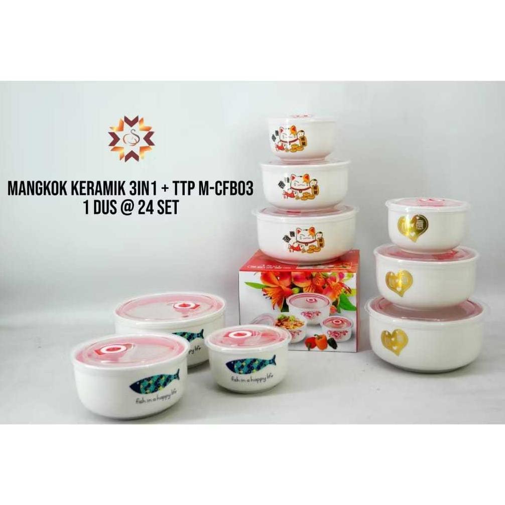 Bisa Cod Mangkok Keramik Susun Tutup Anti-Bocor/ Mangkok Keramik 3In 1 + Tutup/ Mangkok Set Souvenir