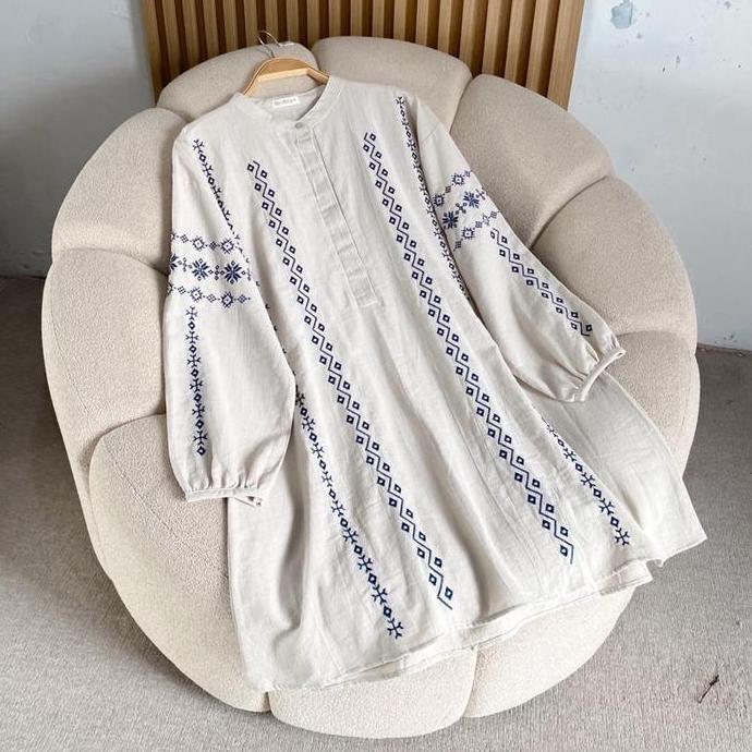 Promo Laura Tunik Tunic atasan raya lebaran Idul fitri Ethnic Cantik Linen Muslim Panjang Wanita Kat