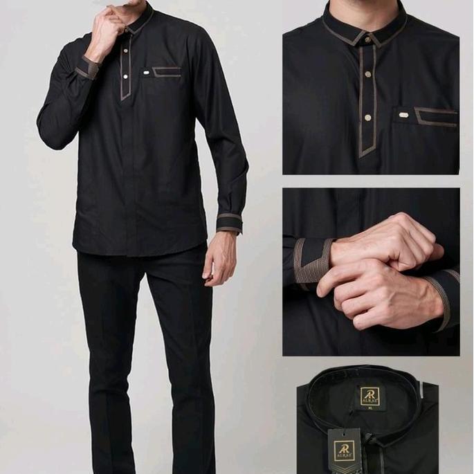 Promo Baju koko Hitam Alraz al habsy | Kemko Hitam al raz lengan panjang Bordir Katun Motif Muslim N