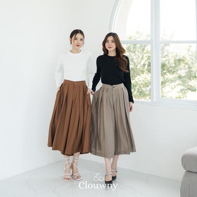 Clouwny Jenna Cullotes Pant Rok Celana Kulot Wanita High Waist Premium Linen kantong karet  Panjang 