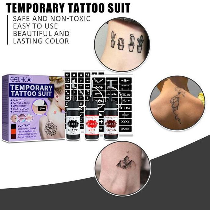 Paket Tattoo Sementara Tinta Merah, Coklat, dan Hitam + 84 Cetakan Gambar Tatto Tanpa Jarum Tahan Ai