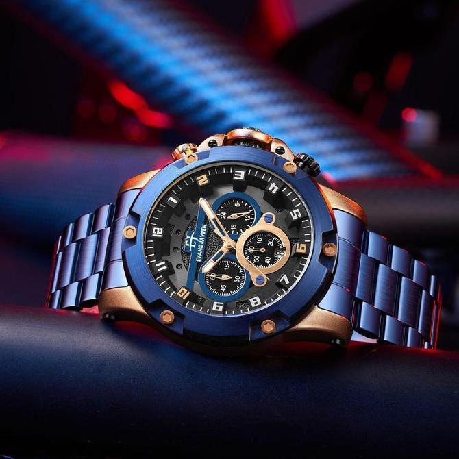 Promo Buy 1 Get 1  Evans Jayden Jam Tangan Pria 9838 Rantai Stainless Steel Kaca Sapphire Chronograp