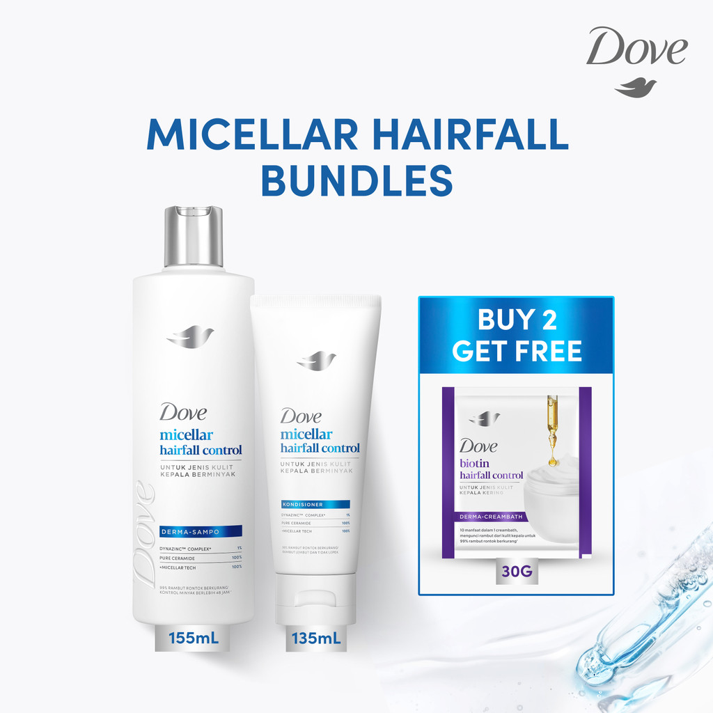 [Paket Hairfall Micellar] Dove Hair Care Shampoo Micellar 155ml + Conditioner 135ml GRATIS Biotin Cr