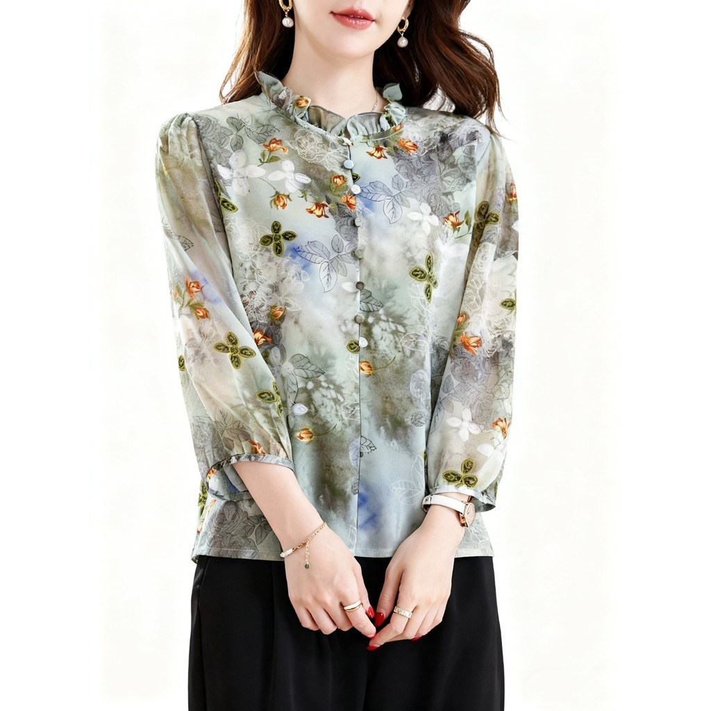 Bebovizi Fashion Korea Bunga Ungu Blus Kemeja Wanita Kasual Lengan Panjang