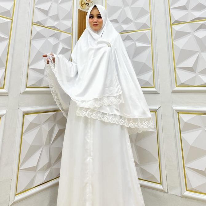 Terbaru 1 Set Dress Gamis Syari + Jilbab Silk Polos Bunga Putih Baju Muslim Wanita Terbaru Adem Keki