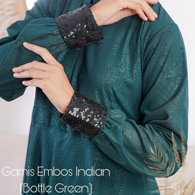 Terbaru Gamis Embos Hermosa Motif Indian Warna Hijau Botol