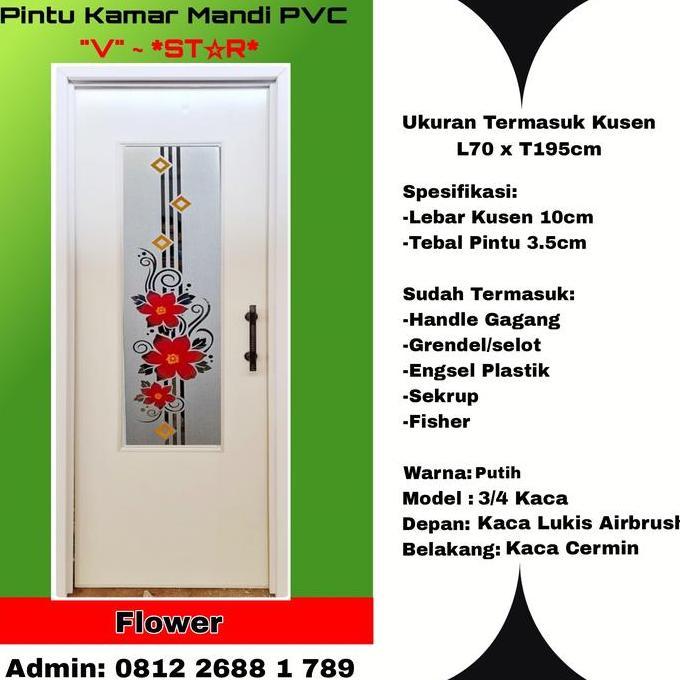 Pintu Kamar Mandi Pvc Tebal-V Star-Luar Kaca Lukis Tengah-Dalam Cermin-Flower-Putih