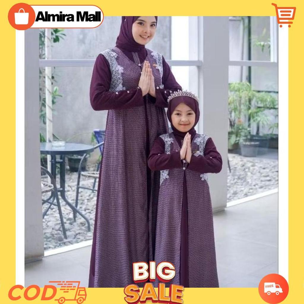 Aisha Couple Kids And Mom/Gamis Couple Ibu Dan Anak Free Pashmina Model 2025/Gamis Motif Ibu Dan Ana
