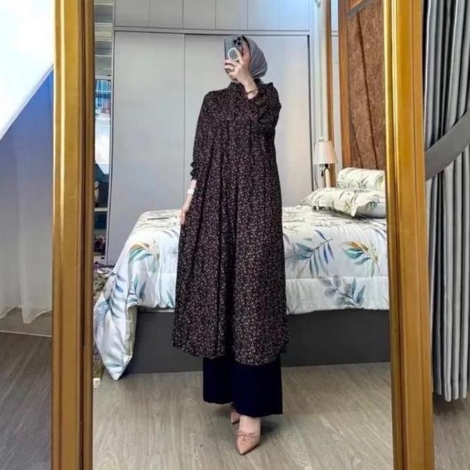 Setelan Long Tunik  Motif Bunga Jasmine Kecil Bahan Rayon Diamond Celana Cringkel