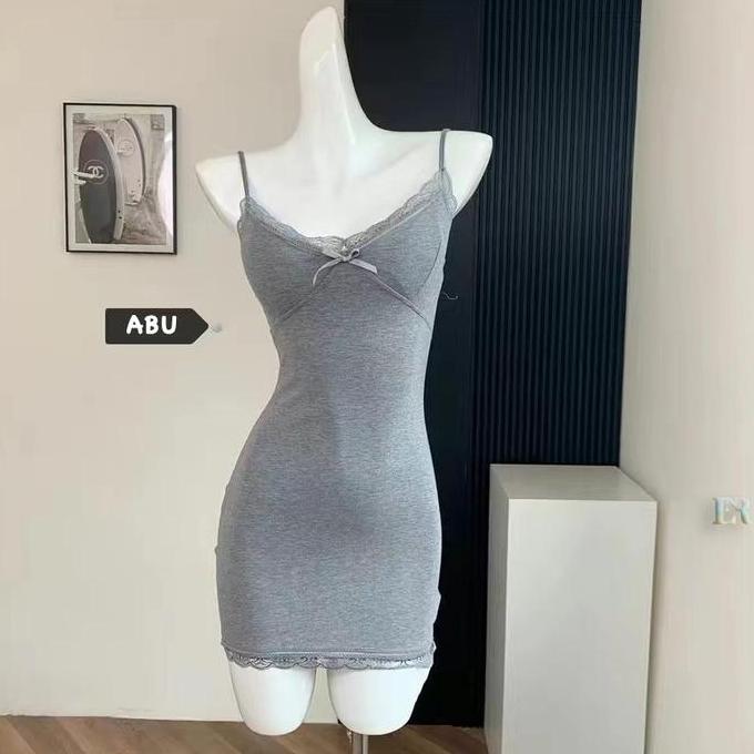 LNR Shop Midi Dress Dewasa dengan Pad Bra Cup Busa Ditambah Renda dan Pita Import Piyama Daster Baju