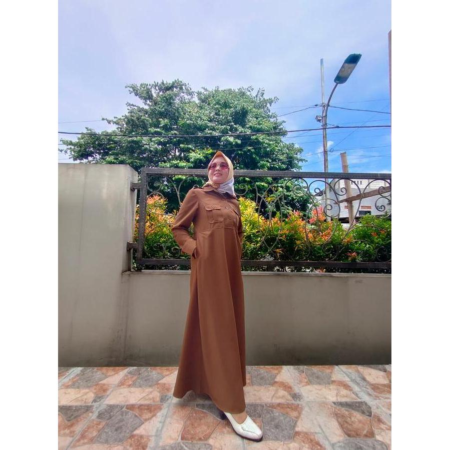 Sofi 21 -Gamis  Kantong Dua /Baju Buat Guru Warna Khaki/Pakaian Kerja &Seragam Cokelat Katun Premium