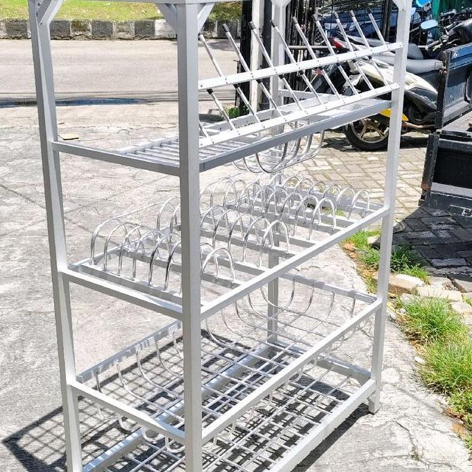 Rak piring Aluminium jumbo 4 tingkat ada tempat gelas & rak piring