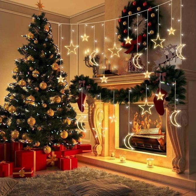 Lampu Hias Kelap-kelip Bintang Bulan Lampu Natal Tirai Led Lampu Hias Kamar Dekorasi