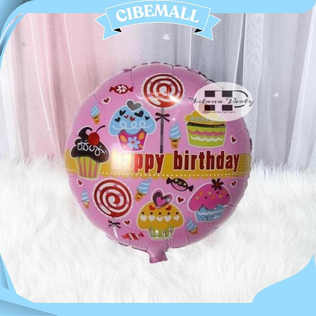 Balon Foil Bulat Cupcake / Balon Foil Happy Birthday Motif Cupcake Ip Sale