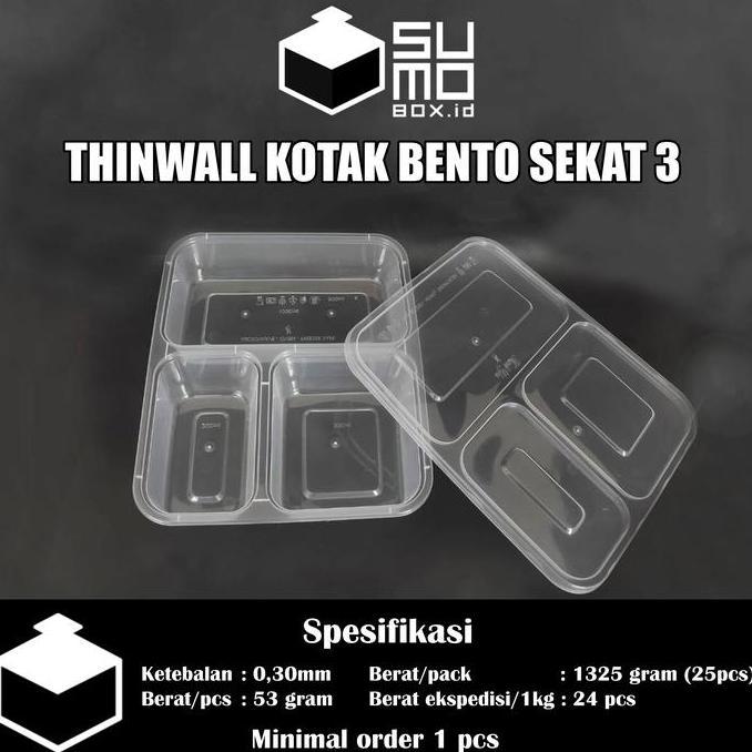 Bento 3 Sekat + Tutup / Thinwall Bento Sekat / Box Kotak Nasi Plastik
