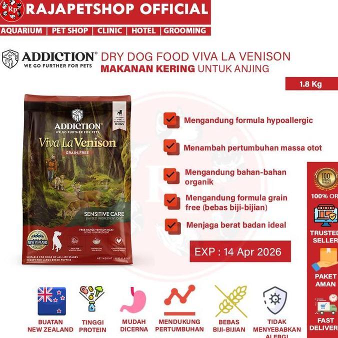 kamanadita6 - addiction dry dog food viva la venison 1.8kg - pakan kering anjing rasa rusa, high pro