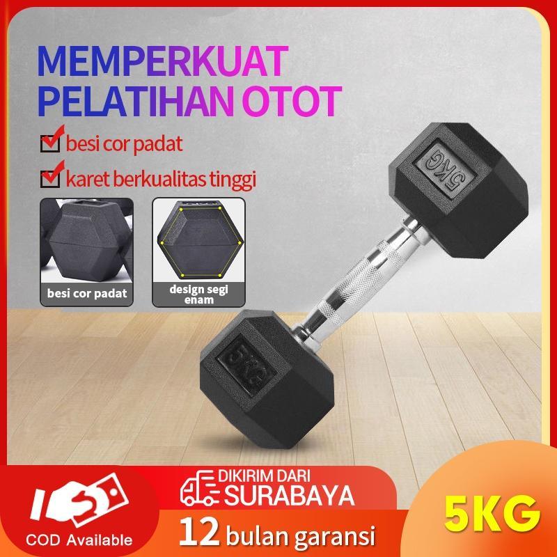 Hex Rubber Dumbell Hitam 5 Kg/Dumbell Karet Hexagonal 5 Kg/Barbel Karet Segi Enam 5 Kg