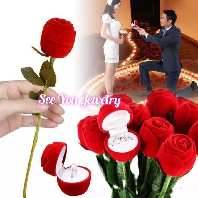 Kotak Cincin / Box Tempat Cincin Bunga Mawar ( + tangkai ) valentine