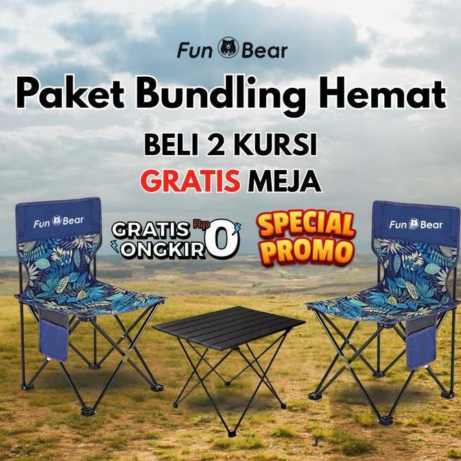 NEW - Bundling Paket Hemat Fun Bear: 2 Kursi Lipat Jumbo 2XL + 1 Meja Lipat Portable Kecil - Set Mej