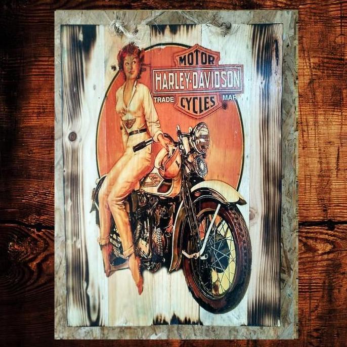 LUKISAN KAYU HARLEY DAVIDSON VINTAGE HIASAN DINDING JATIBELANDA