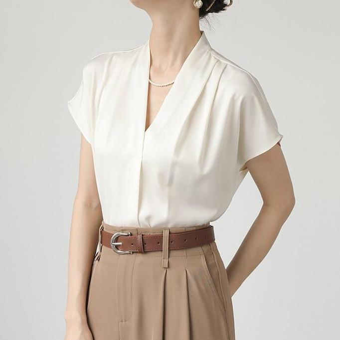 DF31 >> Blus Kemeja Lengan Pendek Musim Gaya Panas French Premium Atasan Satin Chiffon Tipis Elegan