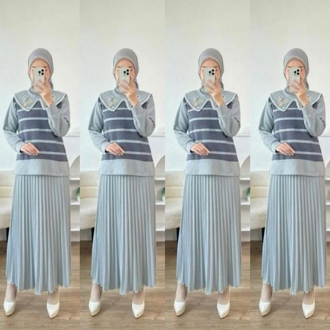 BMF2 - Setelan Rok Bordir Plisket SR 689 One Set XL Rib Knit Pakaian Fashion Muslim Wanita Panjang T