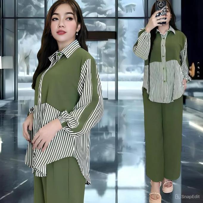 Santara set stelan wanita dewasa kasual kekinian atasan kemeja oval celana kulot lurus dengan bahan 