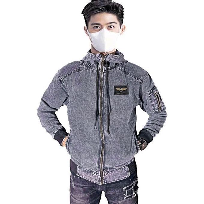 Jaket Jeans Motif Bomber Kupluk Terbaru Lengan Rip Karetan Pria Casual Keren Tebal