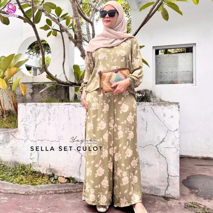 Sella Set Kulot Oneset Rayon Motif Premium Lengan Panjang Celana Panjang Hightwaist Kekinian Fashion