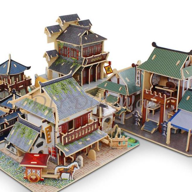 Puzzle 3D Diy Bahan Kayu Rumah Jiang Nan Cina Mainan Puzzle Pajangan Dekorasi Rumah