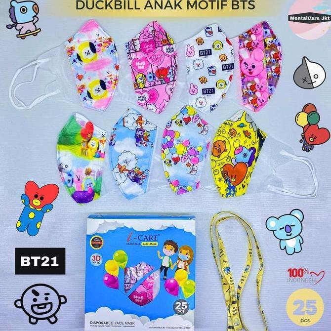 Masker ANAK DUCKBILL 3ply motif kids earloop 3 lapis i-Care - Putih Polos