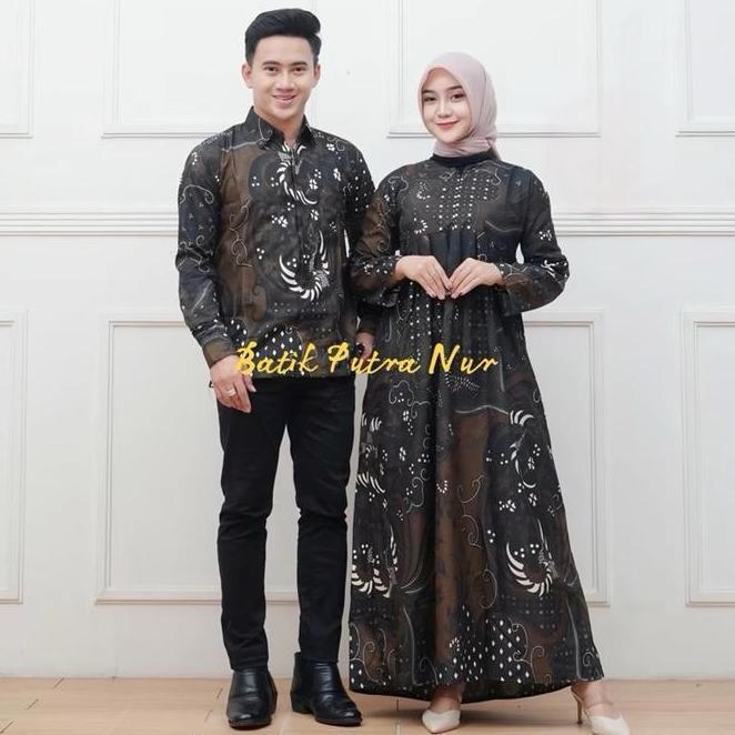 Baju Batik Couple Pasangan Keluarga Suami Istri Muslim Lengan Panjang Kemeja Gamis Sarimbit  Seragam