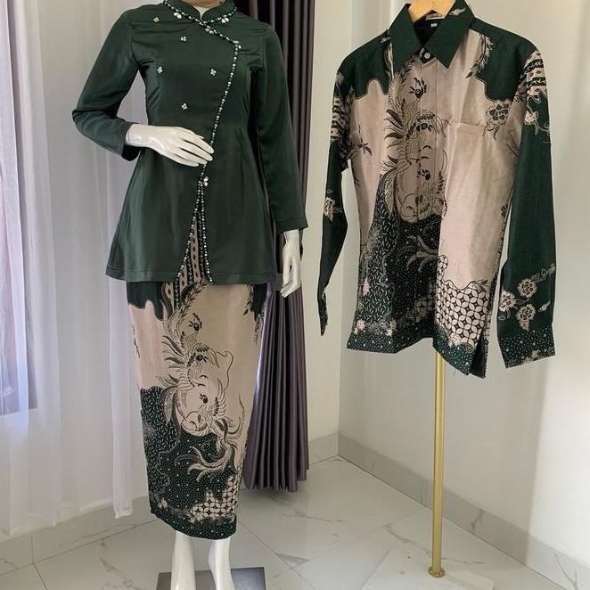 Set Batik Couple Seruni Hijau Botol, Couple Kondangan, Batik Couple, Kemeja Rok Dan Tunik Wanita