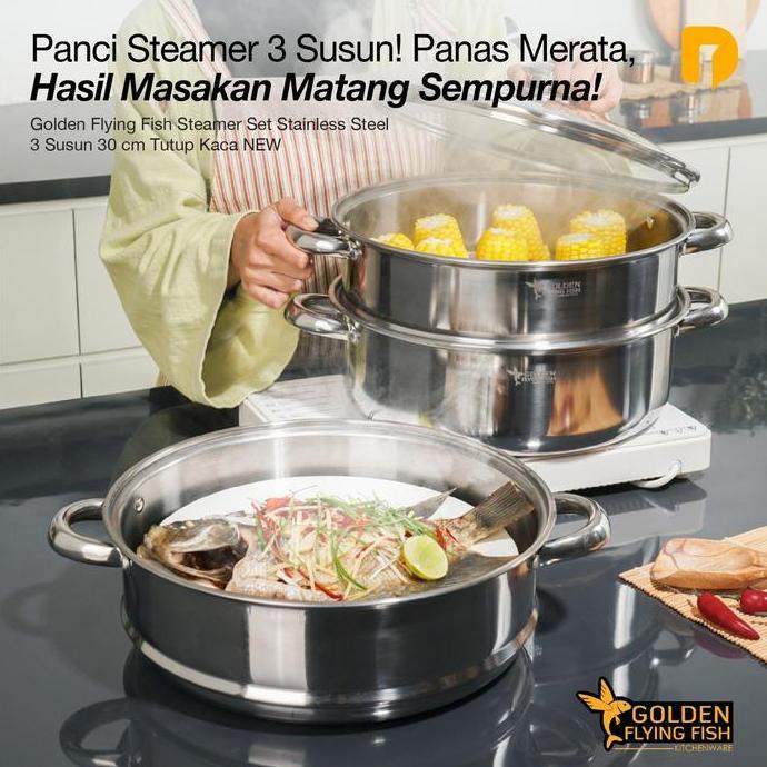 Panci Kukusan Stainless 3susun ukuran 30cm Tutup Kaca