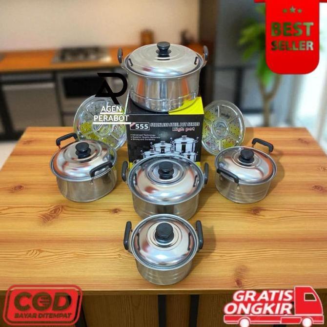 Panci Set Isi 5 Pcs Panci Ndo Steamer 555s Stainless Steel Kitchenware