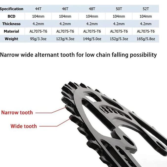 Chainring BD Snail 44T 46T 48T 50T BCD 104 BCD narrow wide bulat round untuk single crank chainring