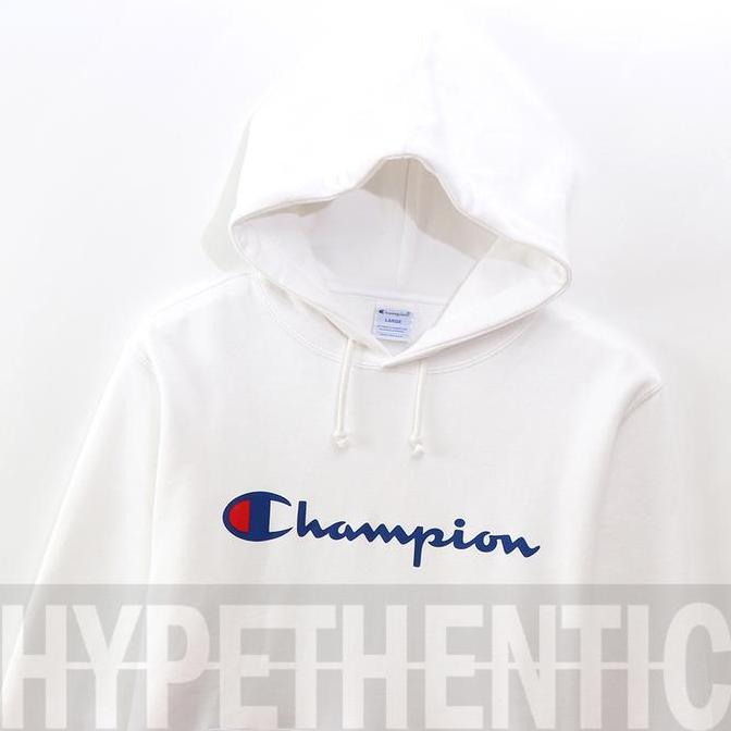Promo Champion Sweatshirt Script Logo Navy Blue Hoodie Original / Jaket Biru