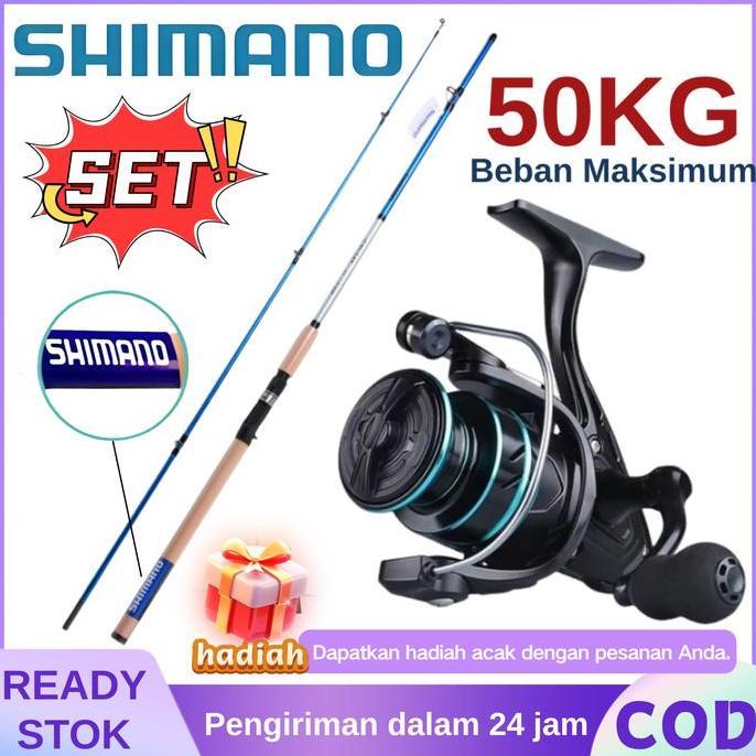 elimasanuk - shimano set pancing lengkap - joran 2 bagian portable + reel, laut, alat umpan lengkap