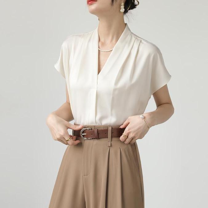 DF374 - Blus Kemeja Lengan Pendek Musim Gaya Panas French Premium Atasan Satin Chiffon Tipis Elegan