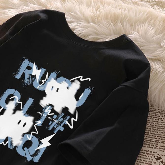 DV306 - seoulprint S822 Khaki Hitam Putih Biru Kaos Cartoon Kitten Prints Oversize Pria Model Regula