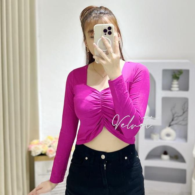 DY113 >> Crop Top Square Neck Longsleeve / Atasan Wanita Lengan Panjang Kerut Depan 6056