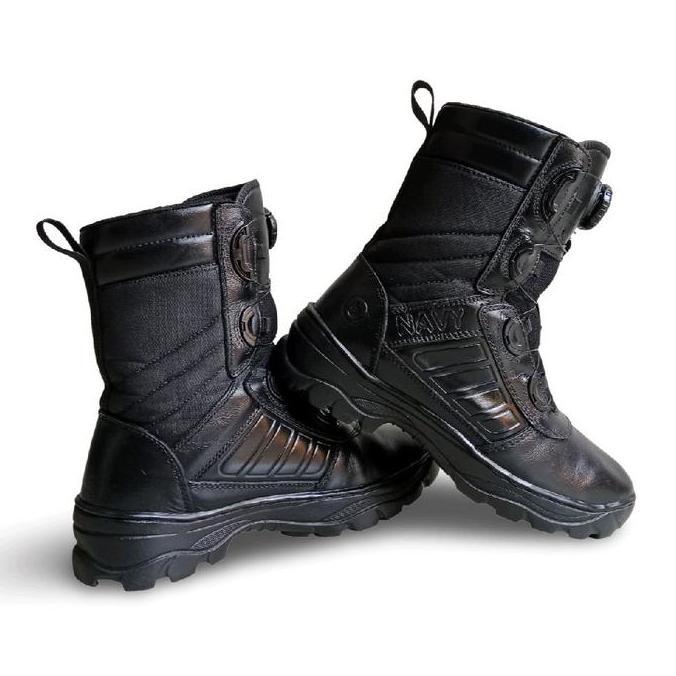 sepatu pdl Bocorocco Navy tali putar TNI-AL kulit asli Hitam