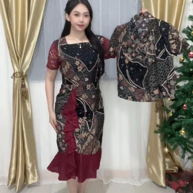 DF221 >> Dress Batik Vior Model Spesial dengan Kombinasi Premium Batik dan Brukat - Hitam, Maxi, Kon